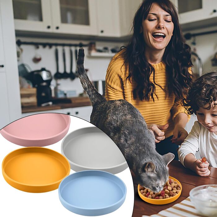 Набір мисок для котів (4 шт.), 18 см, силікон, для сухого та вологого корму (блакитний, жовтий, рожевий, сірий)