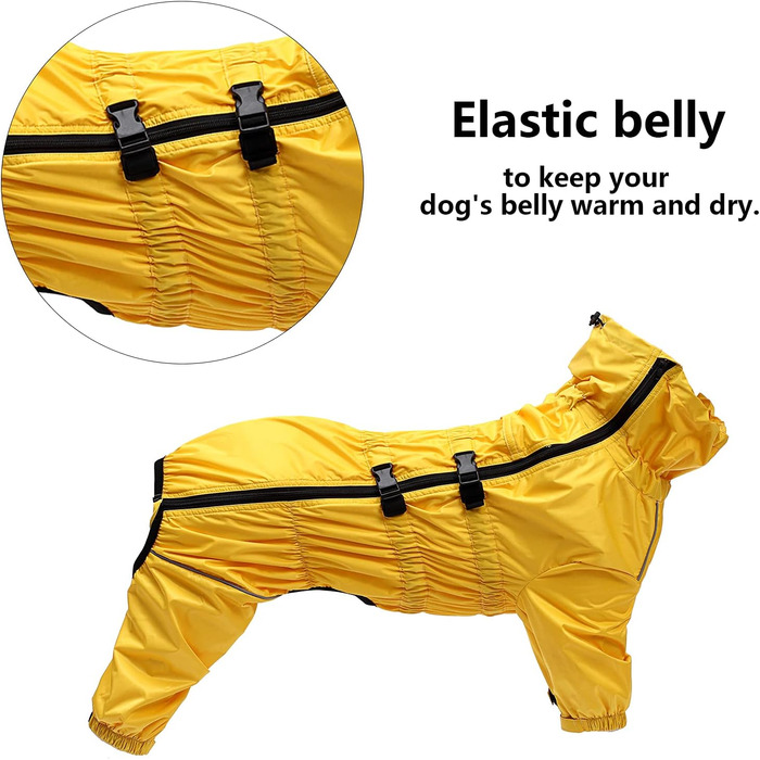 Жовтий дощовик для собак MOREZI з високим коміром, набір з водовідштовхувальним дощовиком, світловідбиваючими смугами та блискавками, підходить для всіх порід собак, великий розмір (довжина спини: 42-45 см)