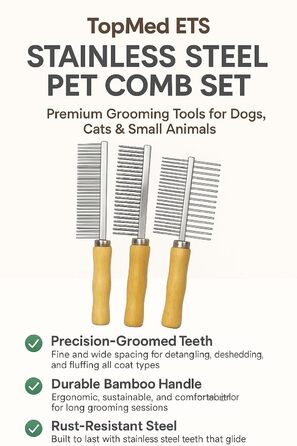 Набір для грумінгу TopMed ETS: 3 нержавіючі гребені, бамбукова ручка, для собак, котів та інших тварин