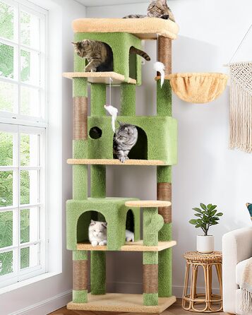 Драбина-будинок для котів Globlazer з кутовою конструкцією, 168 см, 3 будиночки, велика платформа, 5 сизалевих стовпчиків, кошик, іграшки, для 3-4 котів (зелений)