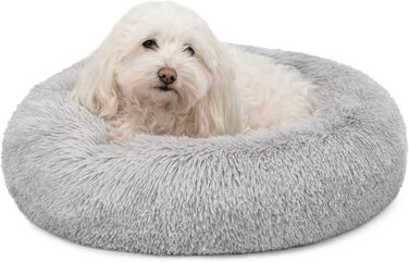 Кругле ліжко для собак та котів Lionto, Ø 50 см, м'яке, плюшеве, сірого кольору, з товстою наповнювачем, 50x50x20 см