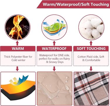 Зимовий одяг для собак, водонепроникна тепла куртка для малих, середніх та великих собак, для активного відпочинку на вулиці з отвором для повідка, двостороння куртка в клітинку, бежевого кольору, розмір L