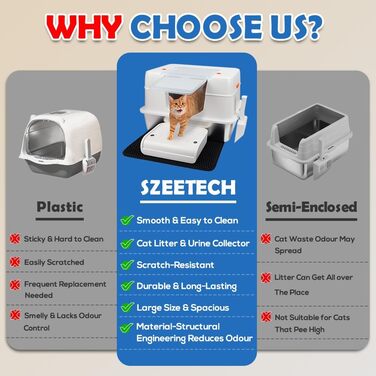 XL закрита котяча туалет з нержавіючої сталі SZEETECH, без запаху, легке очищення, висока стінка проти протікань, з кришкою, лопаткою, сходинкою та килимком, бежевий