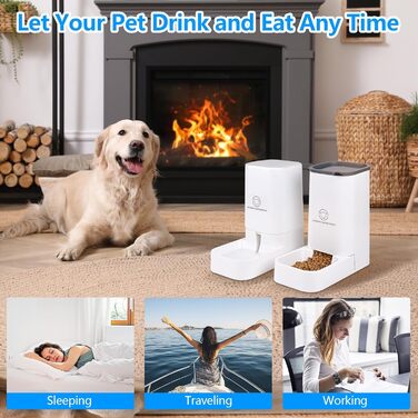 Автоматичний годівниця для котів Dreamhigh® з диспенсером води для собак, 2.1 кг корму та 3.8 л води, без батарейок, BPA Free, для подорожей, білий