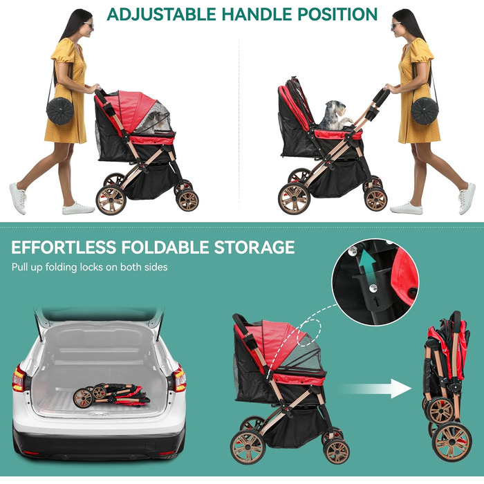 Візок для собак та котів YITAHOME, 22 кг, складання, з кошиком для зберігання, поворотні колеса, сітчасті вікна та двері (Червоний)