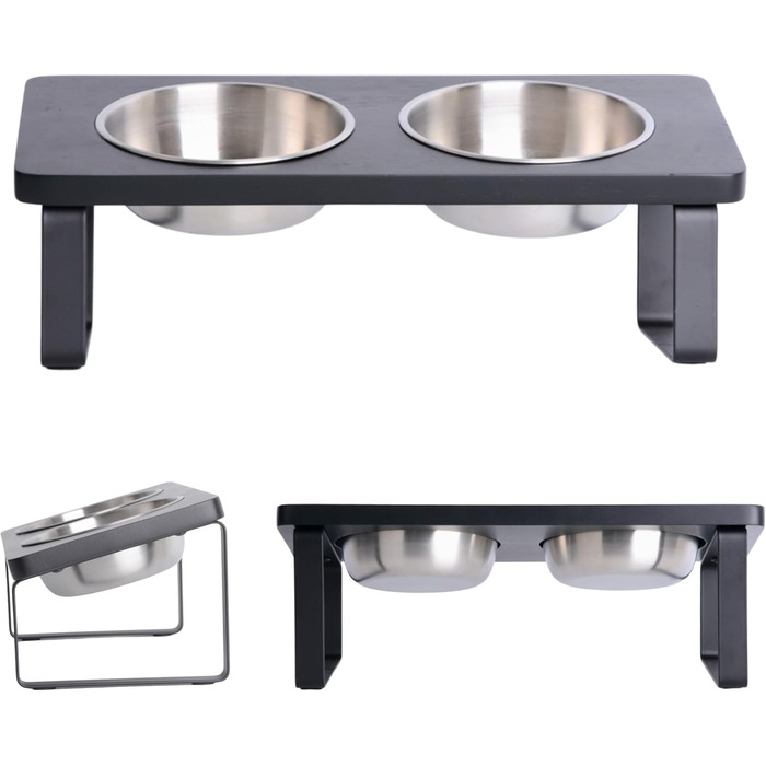 Підвищена годівниця для котів, ергономічна миска для котів, годівниця з кераміки та дерева, піднята годівниця для котів та маленьких собак (Noir - нержавіюча сталь)