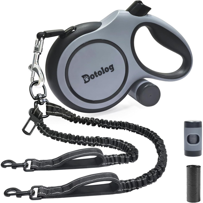 Рулетка для собак Dotolog 8м з двома лініями, з безпечною застібкою, для собак середніх та великих порід (сірий/чорний)