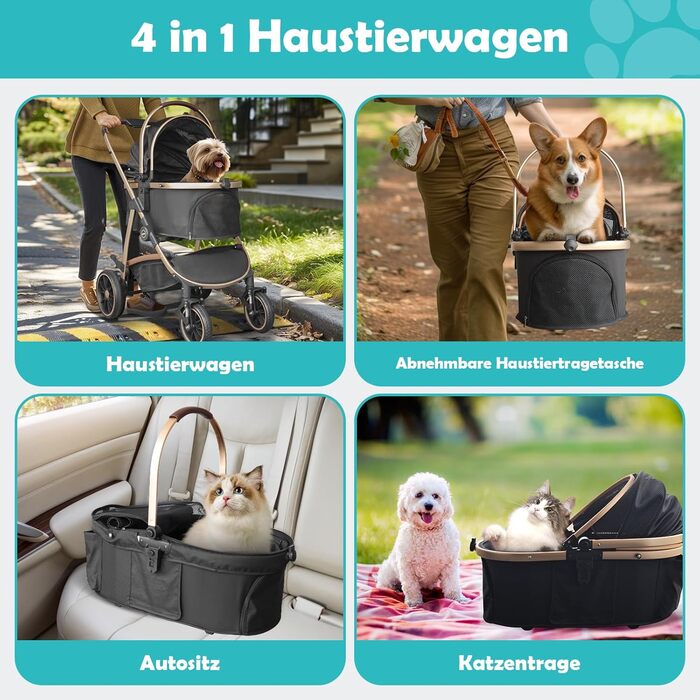 Візок для собак DAISTERN, чорний, до 25 кг, 4-в-1, алюмінієвий, з поворотним колесом EVA та гальмом