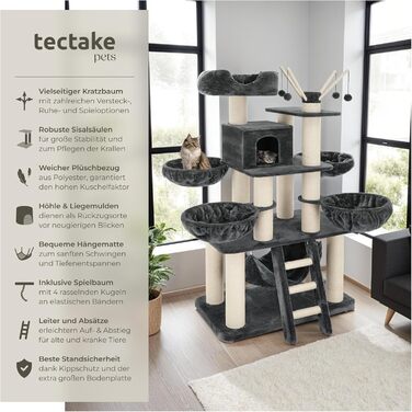 Дерев'яний комплекс для котів Tectake XXL, 195 см, з гамаком, сходами, печерею та когтеточками з сизалю, сірий/білий | 403327