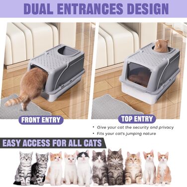 Лоток для котів Julymoda XXL 100L з совком, килимком і кришкою, нержавіюча сталь, з високим бортом, 2 входи, 62x42x40,5 см, сріблястий