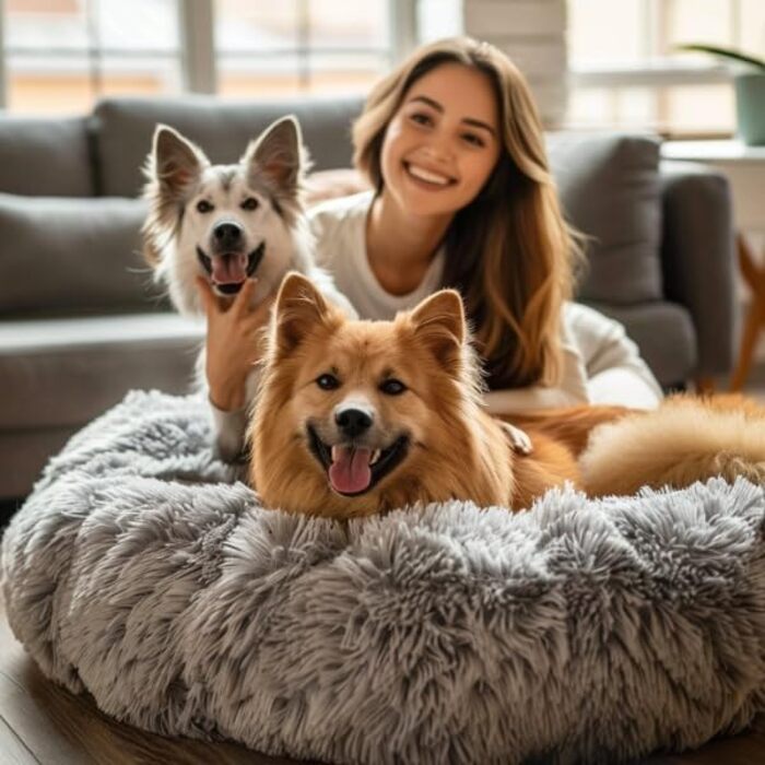 Кругле ліжко для собак та котів Pfoten&nasen® Wolke 7, XS (55 см) – зручне, м'яке, знімний чохол, коричнево-білий колір