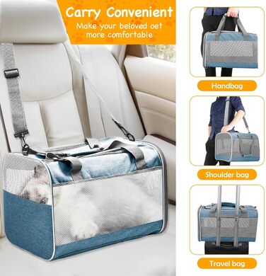 Транспортна переноска для кота KunpengZen, переноска для собаки, складана, з регульованим плечовим ременем, знімним плюшевим матрацом, для котів до 7.5 кг, для подорожей, авто, до ветеринара, блакитна