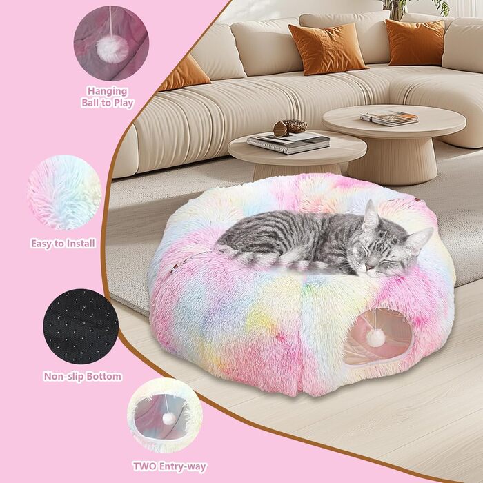 Туннель для котів, великий, з місцем для сну та лежаком, 2 входи, котяча печера, підвісні кульки, тунель для кота, кольоровий