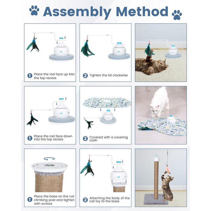 Інтерактивна іграшка для котів HAPPY HACHI 3 в 1: автоматична іграшка з пір'ям, USB-зарядка, комплект аксесуарів, блакитний колір