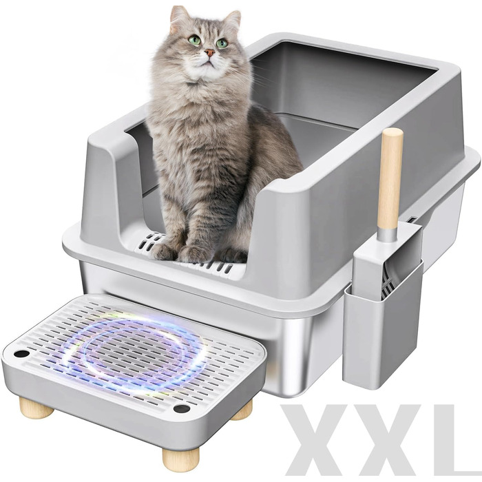 Великий лоток для котів з нержавіючої сталі XXL з високим бортиком, антипригарним покриттям, педаллю та дерев'яними ніжками, для коротколапих і літніх котів, світло-жовтий KMNSUN