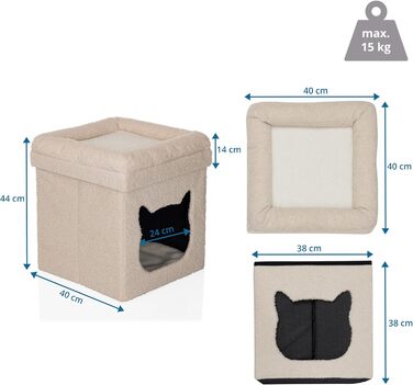 Квітковий будиночок для котів PAWY з подушкою, розкладне ліжко для котів з Bouclé тканини, знімний дах, 40x40x44 см, Бежевий, кутовий / 44 x 40 x 40 см Бежевий