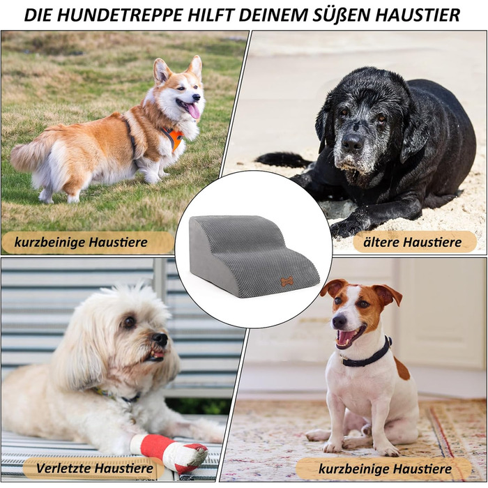 Сходинки для собак Caliyo: 3 сходинки, для маленьких собак, з високощільним губчатим матеріалом, знімний та миючий чохол, неслизьке дно (60 x 40 x 40 см, сірий)