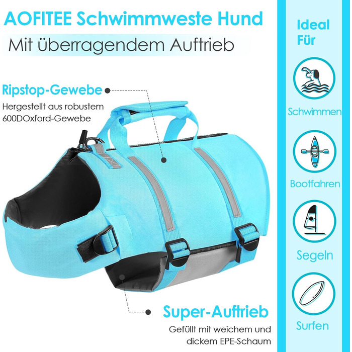 Спасальний жилет для собак AOFITEE XXL, великий розмір, з ручкою, світловідбиваючий, високоплавучий, для великих собак, блакитний