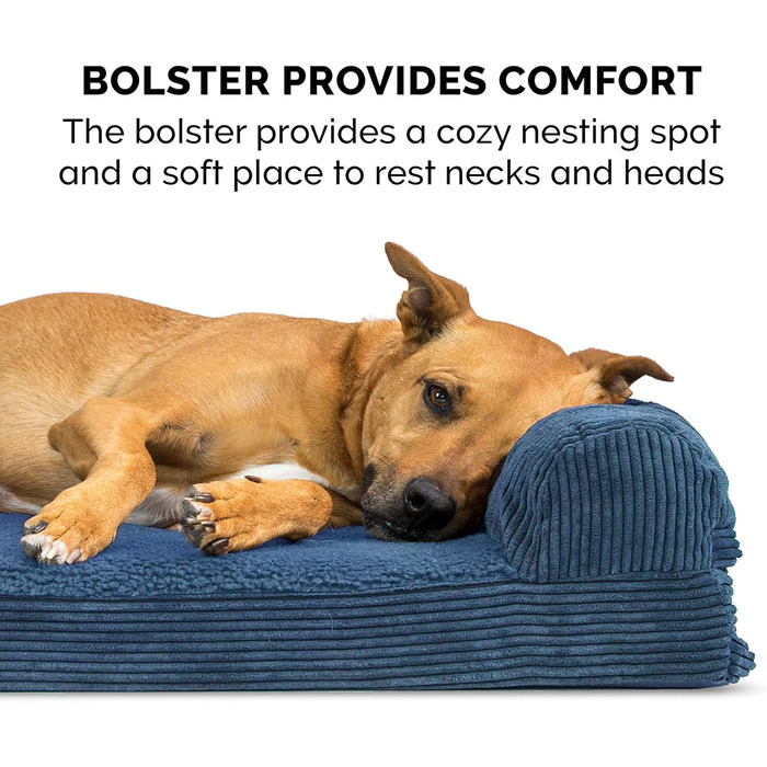 Ортопедичне ліжко для собак Furhaven Jumbo Plus/XXL: велике, з підголовником та знімним чохлом, до 56,7 кг, фліс та корд, Marineblau (135x107x24 см)