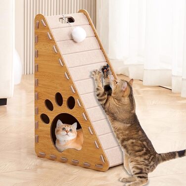 Кігтеточка для котів 3-в-1: дерев'яно-фетрова стінка, ліжко, пандус та іграшки, коричнева