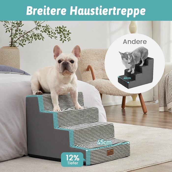 Сходинка для собак COZY KISS, 4 сходинки, 45 см, для маленьких собак, котів, для ліжка, дивану, авто. Щільний пінопласт, знімний чохол (чорний та білий, 60x45x45 см)