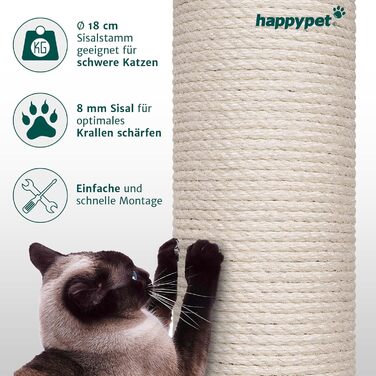 HAPPYPET Стовпчик з товстого сизалю для котячого дерева, діаметр 18 см, довжина 40/50/60/80 см, масивний замінний стовбур для кігтеточки, різьба M10