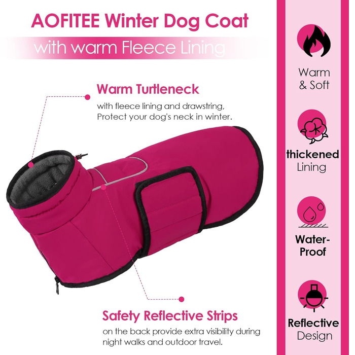 Теплий зимовий пуховик для собак великих порід AOFITEE, водонепроникний пуховик з коміром-гетром, з отвором для шлейки, рожевий (XL)