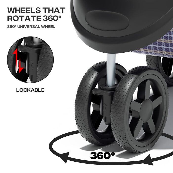 Дитяча коляска для котів та собак, 3 колеса, складний візок для тварин, 13,6 кг, з кошиком та тримачем для напоїв, в клітинку