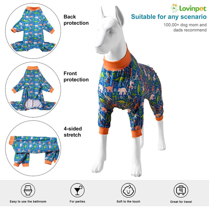 LovinPet комбінезон для великих собак, післяопераційний, для догляду за ранами, повний захист, легкий, еластичний, з динозаврами, піжама для собак