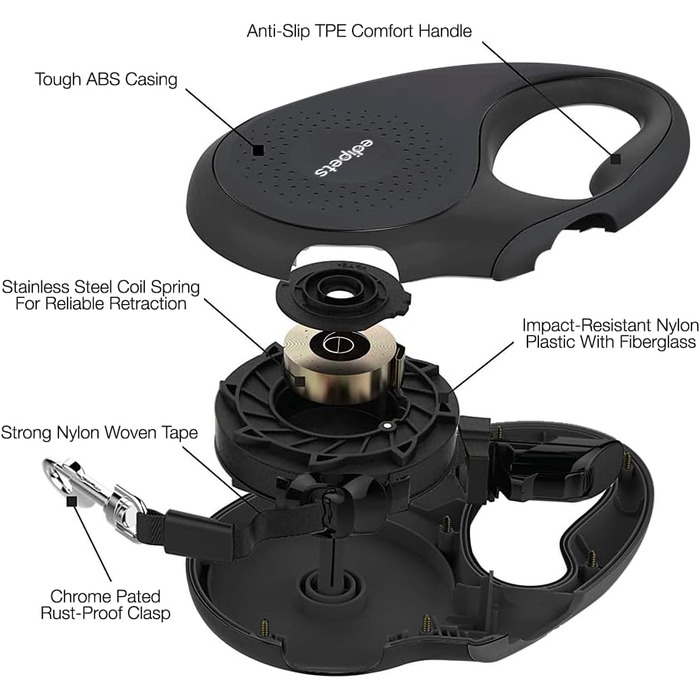 Нашийник для собак Edipets, висувний поводок 5 м, нейлон, 360°, чорний (M)