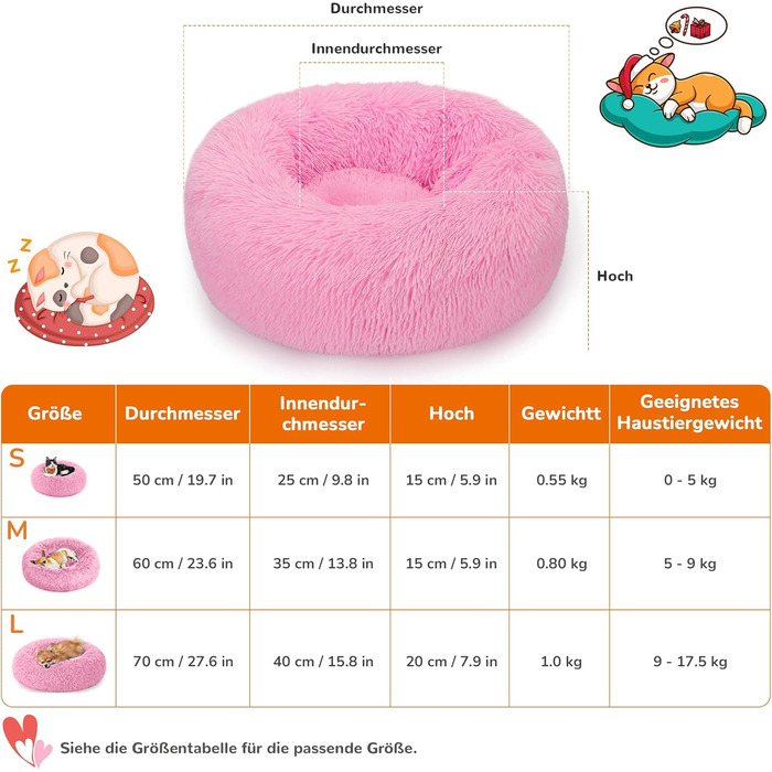 ALLSOPETS заспокійливе ліжко для собак і котів, плюшевий круглий лежак 70 см, нековзке дно, для малих і середніх порід, рожевий, пране