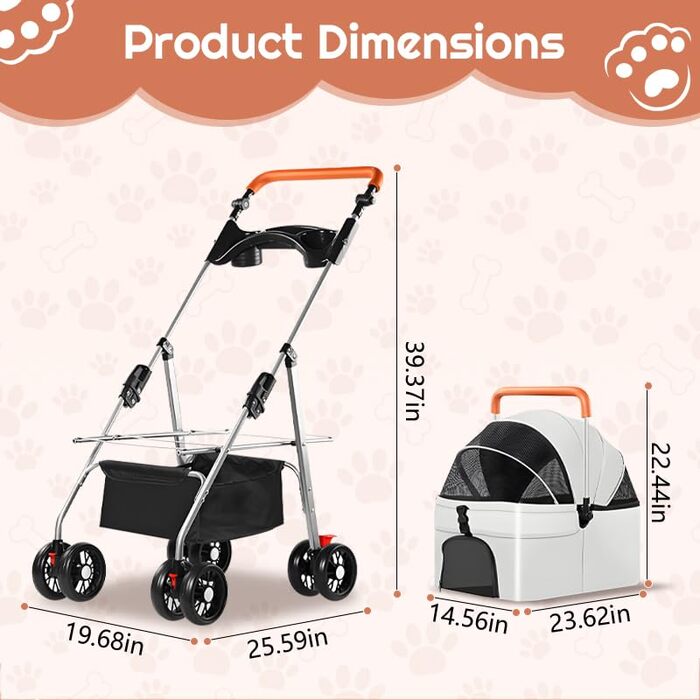 Візок для тварин Simcat: для собак та котів, складний, з гумовими колесами 360° (сірий)