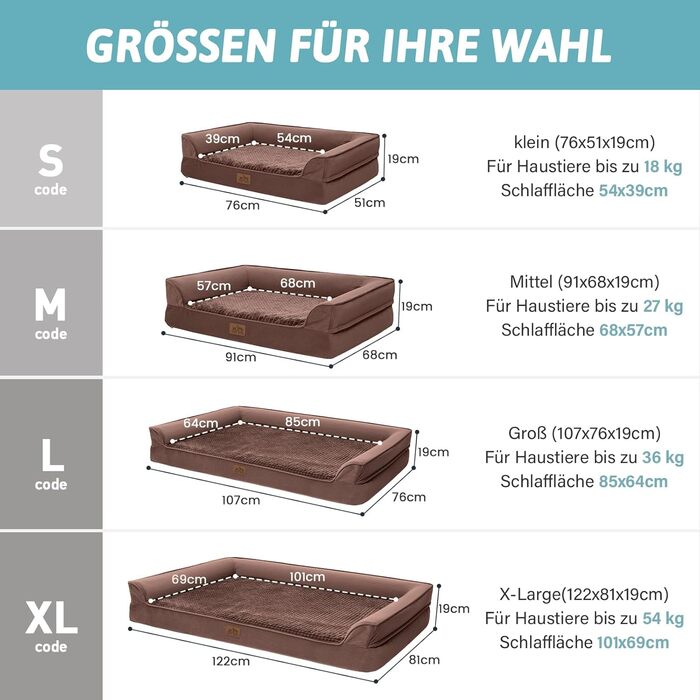 Ортопедичне ліжко для собак маленьких порід, водонепроникне диванчик для тварин з бортиками, з підтримуючою піною, зручне ліжко з знімним, пральним чохлом, водонепроникний наповнювач, антиковзаюче покриття (107 x 76 x 19 см, Колір: Коричневий)