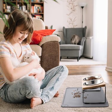Підвищена годівниця для котів з килимком, нахилений на 15°, миска проти блювоти для корму та води, 2 шт. з нержавіючої сталі для котів та цуценят (Сірий), 2 миски (змінні миски, 14 см, 2 шт.)