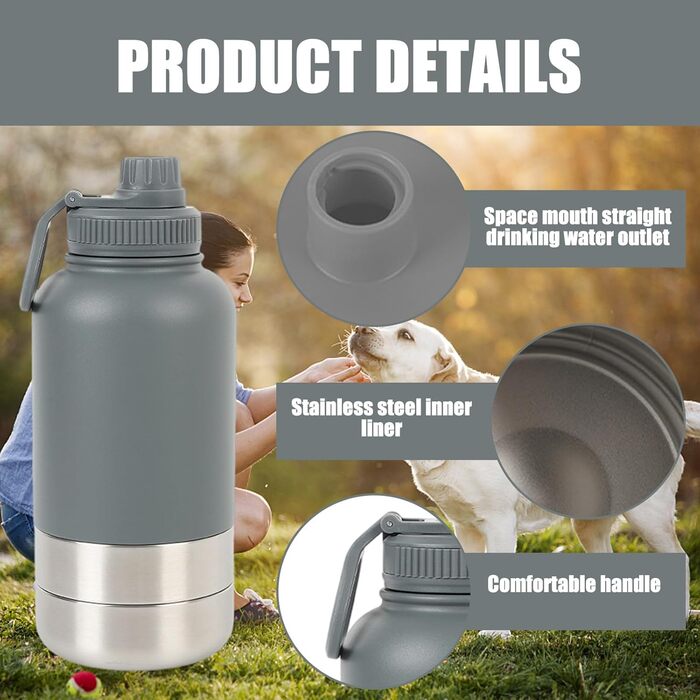 Турбунок для собак на ходу 950 мл – ізольована сталева фляга для води з мискою для їжі та води, портативна фляга для собак без BPA для подорожей, прогулянок та активного відпочинку (Сірий, L)