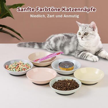 Набори мисок для котів з кераміки Katzennäpfe - 6 шт. Миски для корму котів у пастельних тонах. Широкі, плоскі, з міні-силіконовими подушечками. Підходять для мікрохвильової печі та мийки. Об'єм 250 мл, 6 кольорів