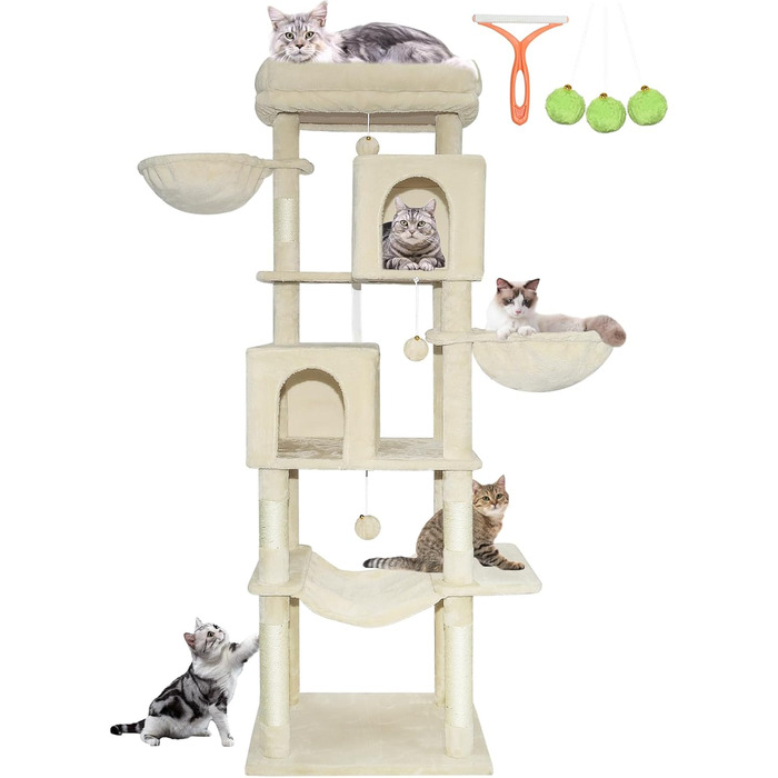 Котячий комплекс LEEJARD XXL: великий дерев'яний будиночок з платформами, когтеточками, будиночком, гамаком, іграшками та захистом від перекидання (180 см, бежевий)