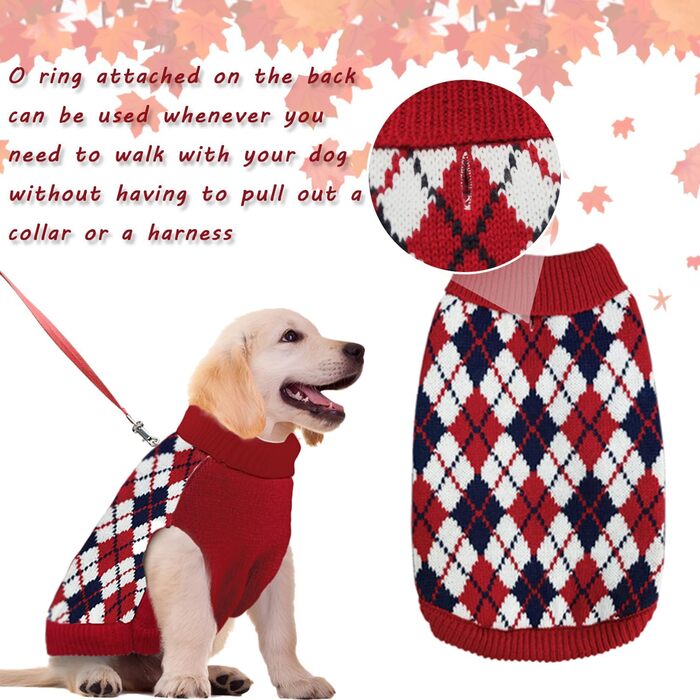 Теплий в'язаний пуловер для собак та котів, розмір L, червоно-синій, з візерунком 
