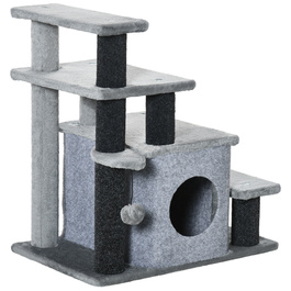 PawHut Pet Stairs 3/4-ступінчасті сходинки для кішок зі спальним місцем та ігровим м'ячем, плюшевий чохол, міцна ДСП для котів