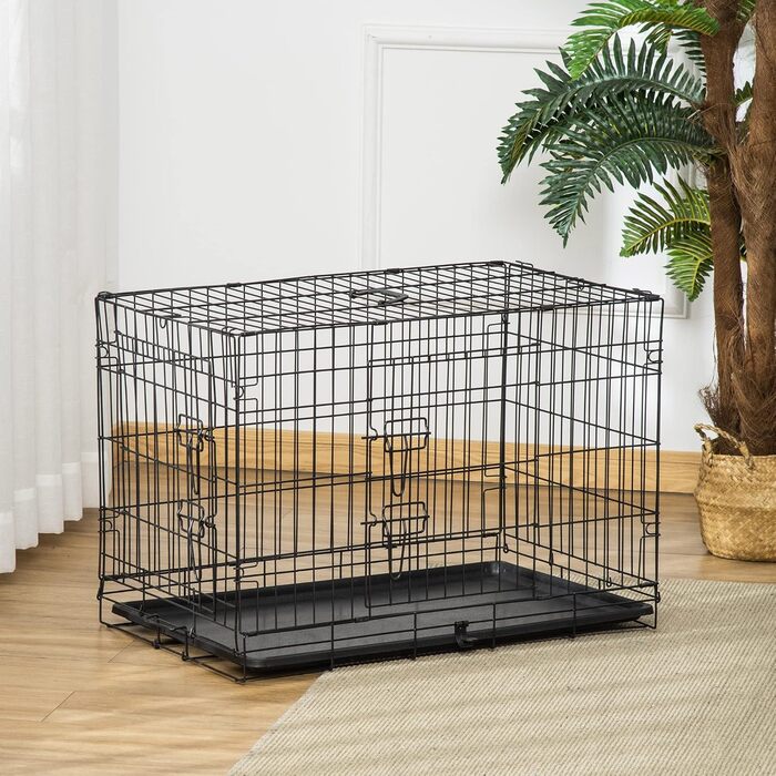 Клітка для собак PawHut, металева, транспортна, з 2 дверима, чорна, 76x53x57 см