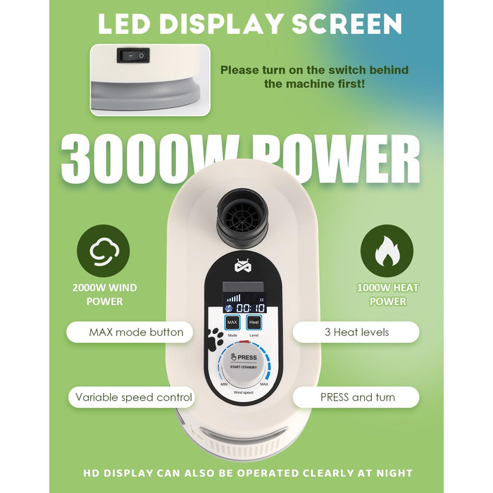 Фен для собак Mxmoonant 3000W з регулюванням швидкості та температури, з подовжуваним шлангом та великою насадкою, з рушником