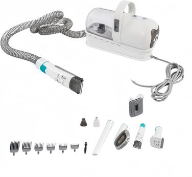 Машина для стрижки собак з пилососом, 7-в-1 видалення шерсті тварин, потужність 13000 Па, тиха, професійний набір для догляду за домашніми тваринами, контейнер для пилу 1.5л, сірий, білий