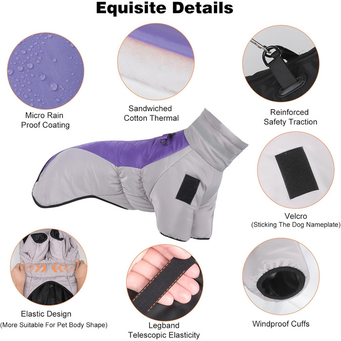 Зимовий теплий водонепроникний одяг для собак з високим коміром (5XL) - сірий + фіолетовий