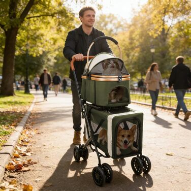 Дитяча коляска для тварин, бугі, складна, для собак та котів, з дихаючого мережива + водонепроникний оксфорд 300D + 4 колеса, переносна сумка для собак, складна до 20 кг (92 x 56 x 33 (зелений, 97*58*46))