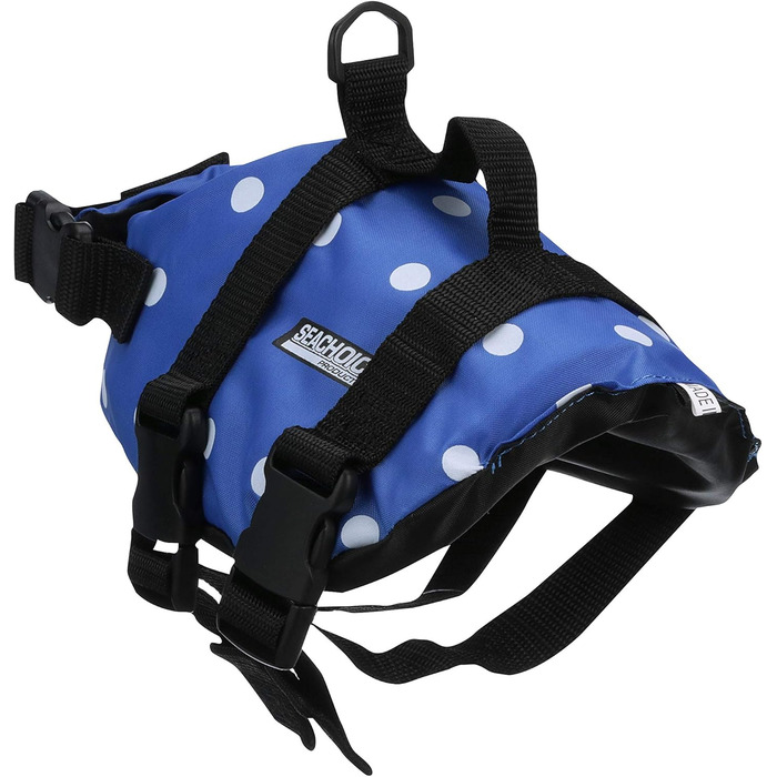 Жилет рятувальний для собак Seachoice 86260, розмір XXS (до 2,7 кг), блакитний у горошок, з ручкою