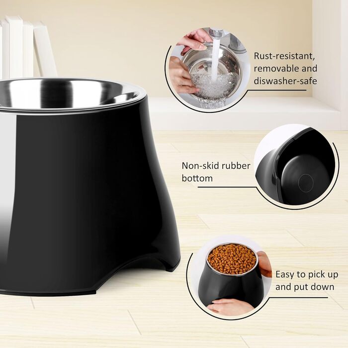 Миска для собак Petvillage, конусоподібна, неслизька, з нержавіючою сталлю, піднята, для середніх собак, спанієлів з довгими вухами, велика місткість, розмір L, 3 чашки, чорний колір
