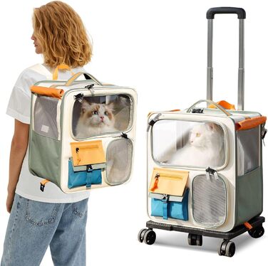 PETCUTE Рюкзак для собак з візком, 2-в-1, рюкзак для котів великих порід з колесами, дихаючий рюкзак-переноска для собак з вийманим килимком, складаний рюкзак для тварин для цуценят Бежевий+Зелений