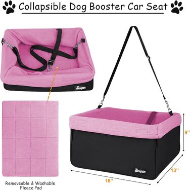 Автокрісло для собак JESPET & GOOPAWS, переносне, з ременем безпеки, до 10,9 кг, рожеве, 40,6×33×22,9 см