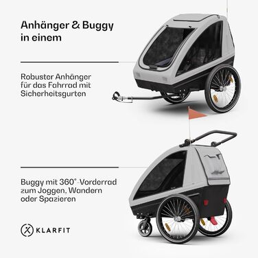 Klarfit GoKiddo: Причіп для велосипеда на 2 дітей - 2в1 (велопричіп та візок) з гальмами, ременями безпеки, регульованими сидіннями, вантажопідйомністю 40 кг, захистом від дощу та UV, складаний (світло-сірий)