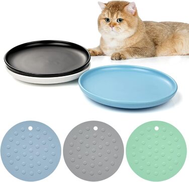 Керамічні миски для котів, 3 шт. з антиковзними килимками, широкі та плоскі миски для котів та кошенят, білі (триколірні)